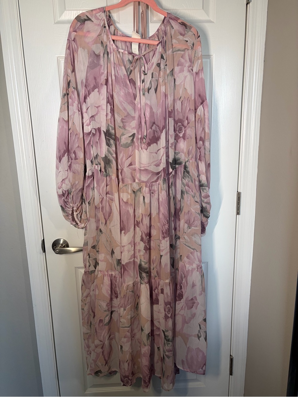 H&M Pink and Cream Floral Tiered Maxi Dress with Tie Neck - Picture 2 of 8